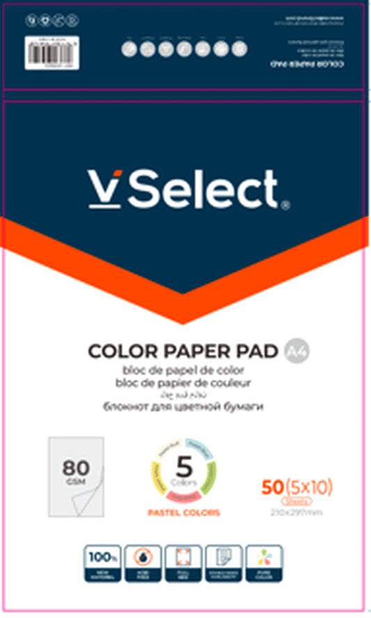 VSelect A4 COLOR PAPER PAD 80gsm 5Pastel Colors VS195612