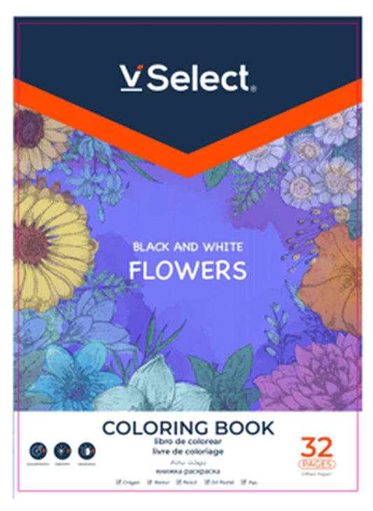 VSelect COLORING BOOK Black and White 32Pages Flowers VS195961